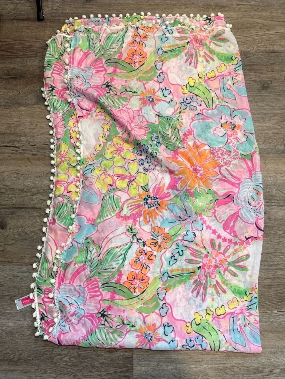 Lilly Pulitzer Floral Multicolor Pom Pom Scarf - Pink, Green, Orange, Blue